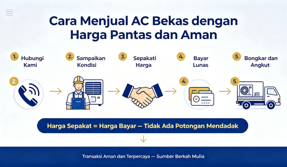 Langkah aman menjual AC bekas sampaikan info sepakati harga bayar di tempat gratis bongkar angkut, Sumber Berkah Mulia